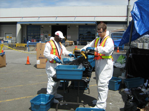 Two workers examine the content of a container.